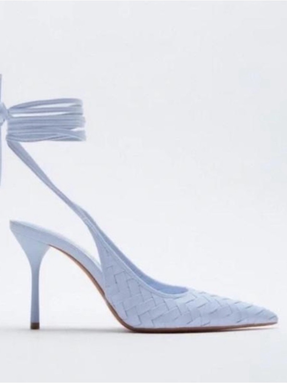 Zara Light Blue Woven Pointed Slingback Heels with Ankle Wrap